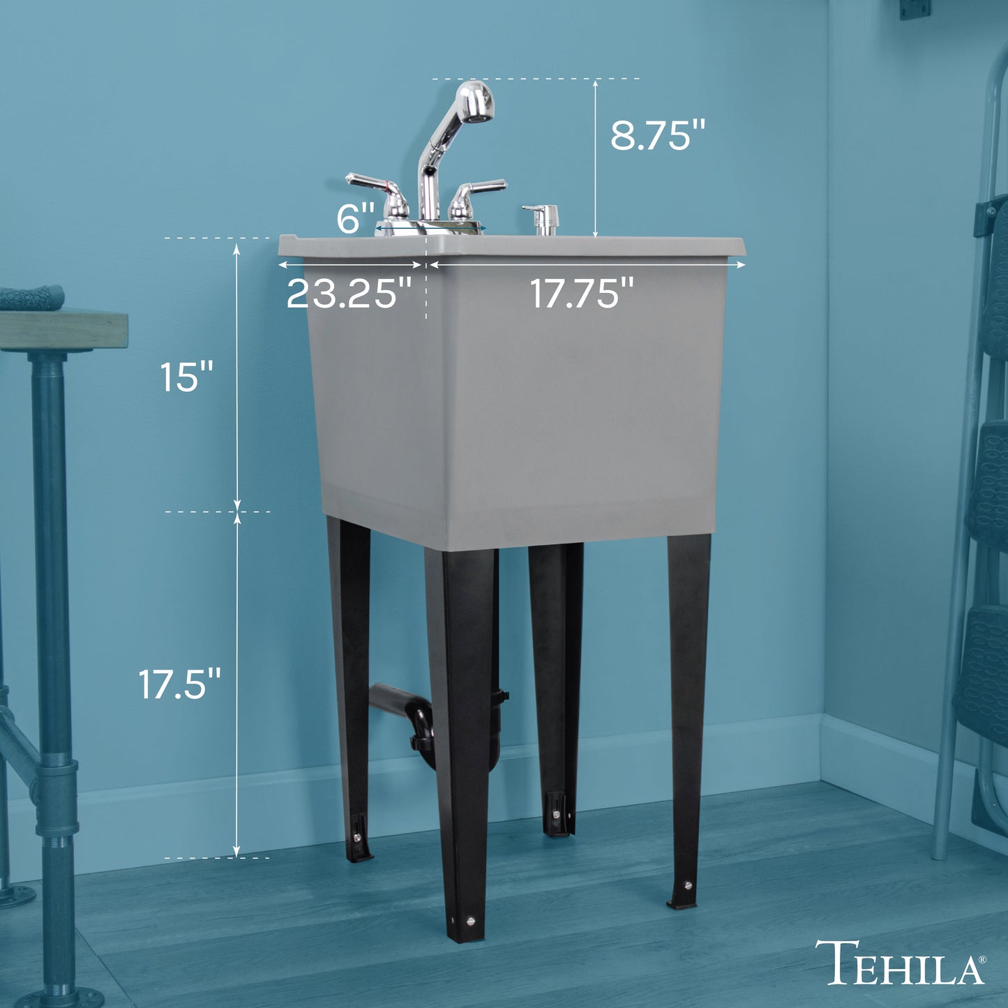 Tehila Space Saver Freestanding Grey Utility Sink with Chrome Finish Pull-Out Faucet