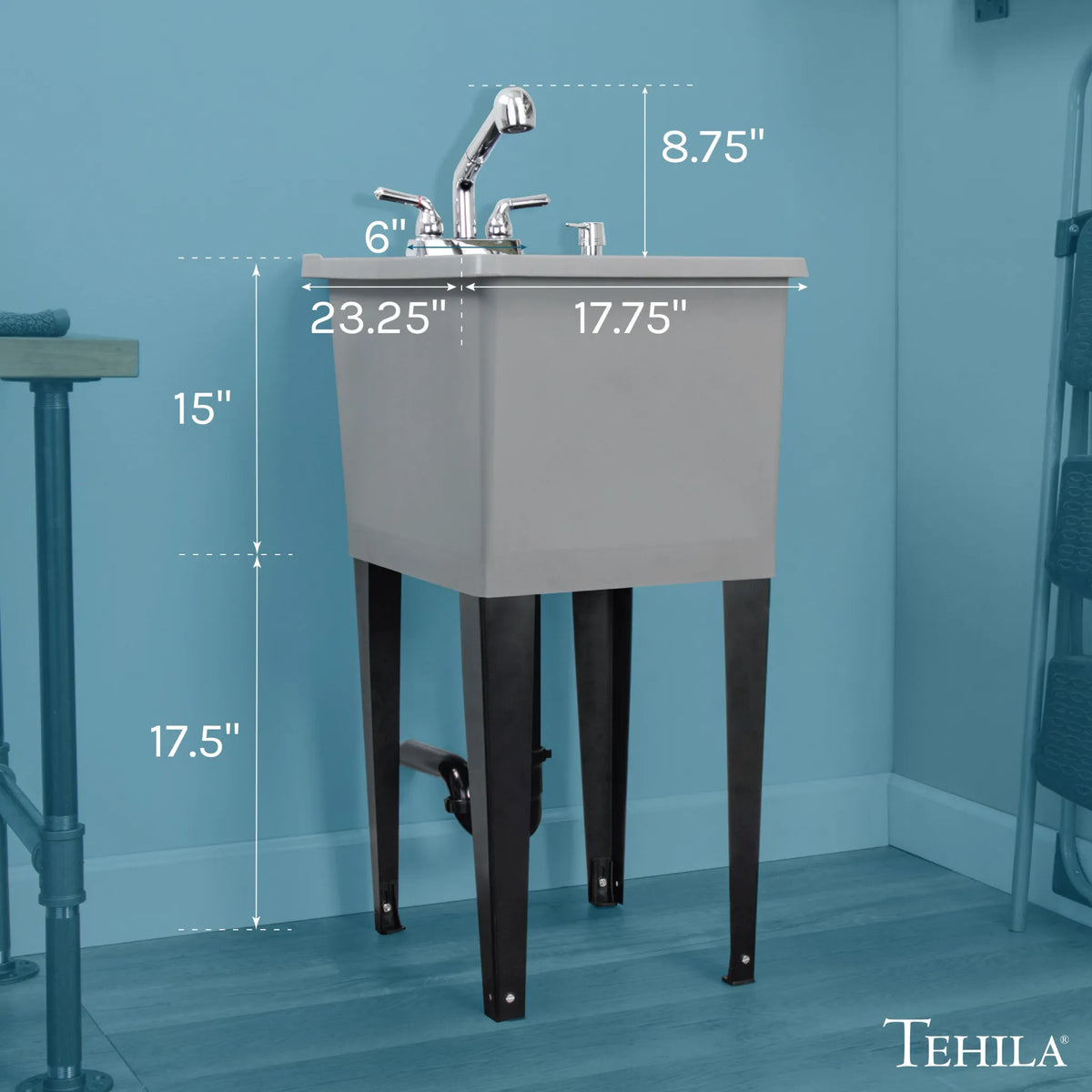 Tehila Space Saver Freestanding Grey Utility Sink with Chrome Finish Pull-Out Faucet - Hardware + Construction » Plumbing, Hardware + Construction » Plumbing » Utility Sinks, All Products, Products from Utility-Sink.com, 🛠️ Tools + Hardware - Little Red General Store