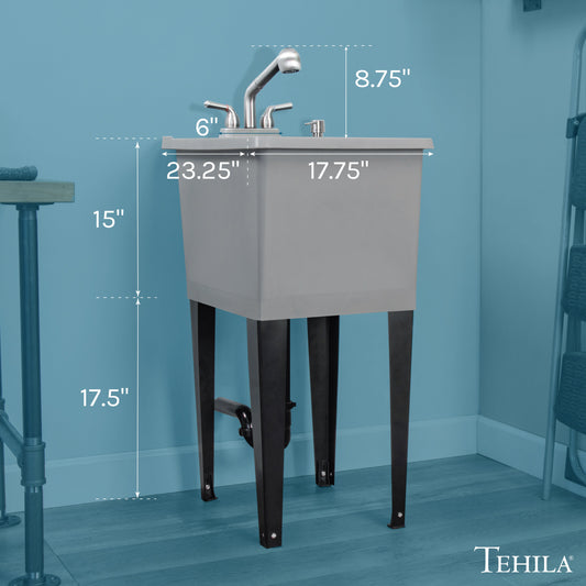 Tehila Space Saver Freestanding Grey Utility Sink with Stainless Steel Finish Pull-Out Faucet