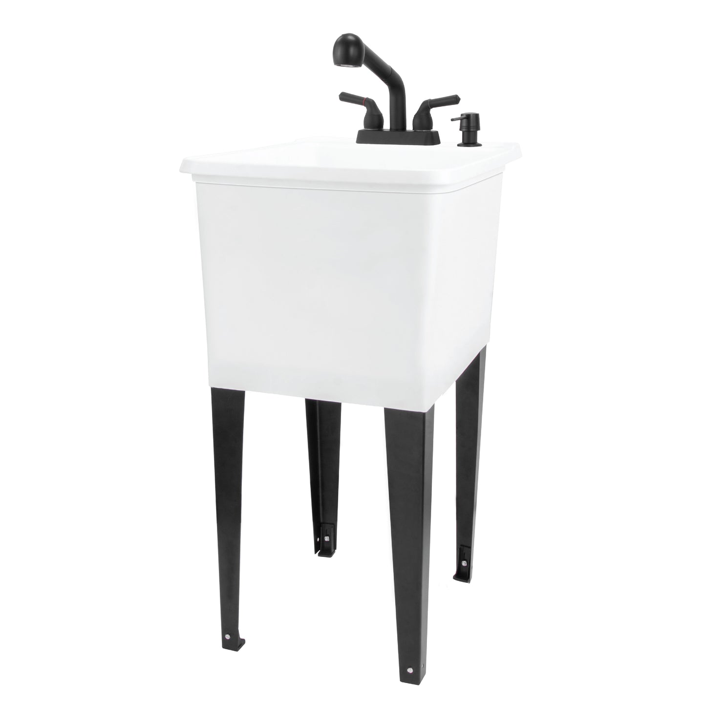 Tehila Space Saver Freestanding White Utility Sink with Black Finish Pull-Out Faucet