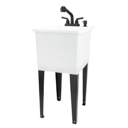 Tehila Space Saver Freestanding White Utility Sink with Black Finish Pull-Out Faucet