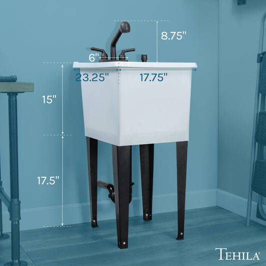 Tehila Space Saver Freestanding White Utility Sink with Black Finish Pull-Out Faucet