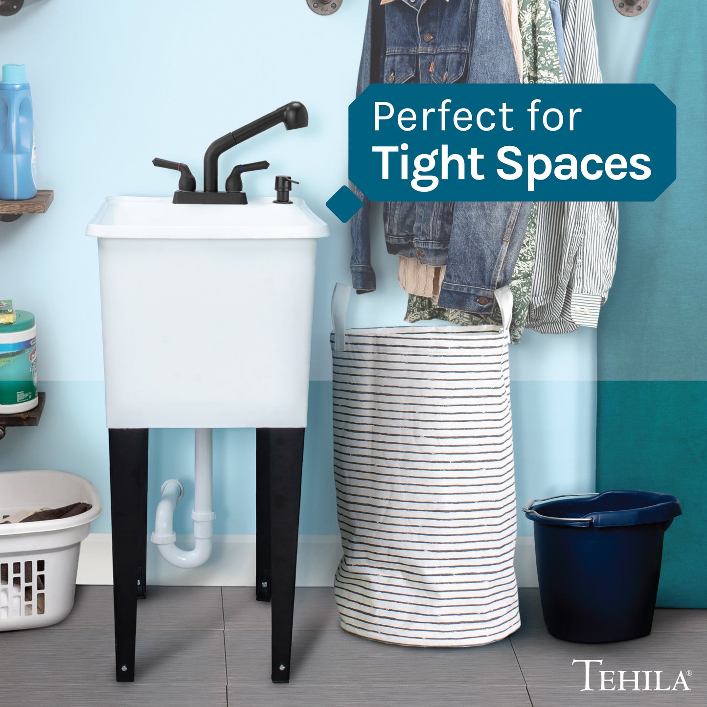 Tehila Space Saver Freestanding White Utility Sink with Black Finish Pull-Out Faucet