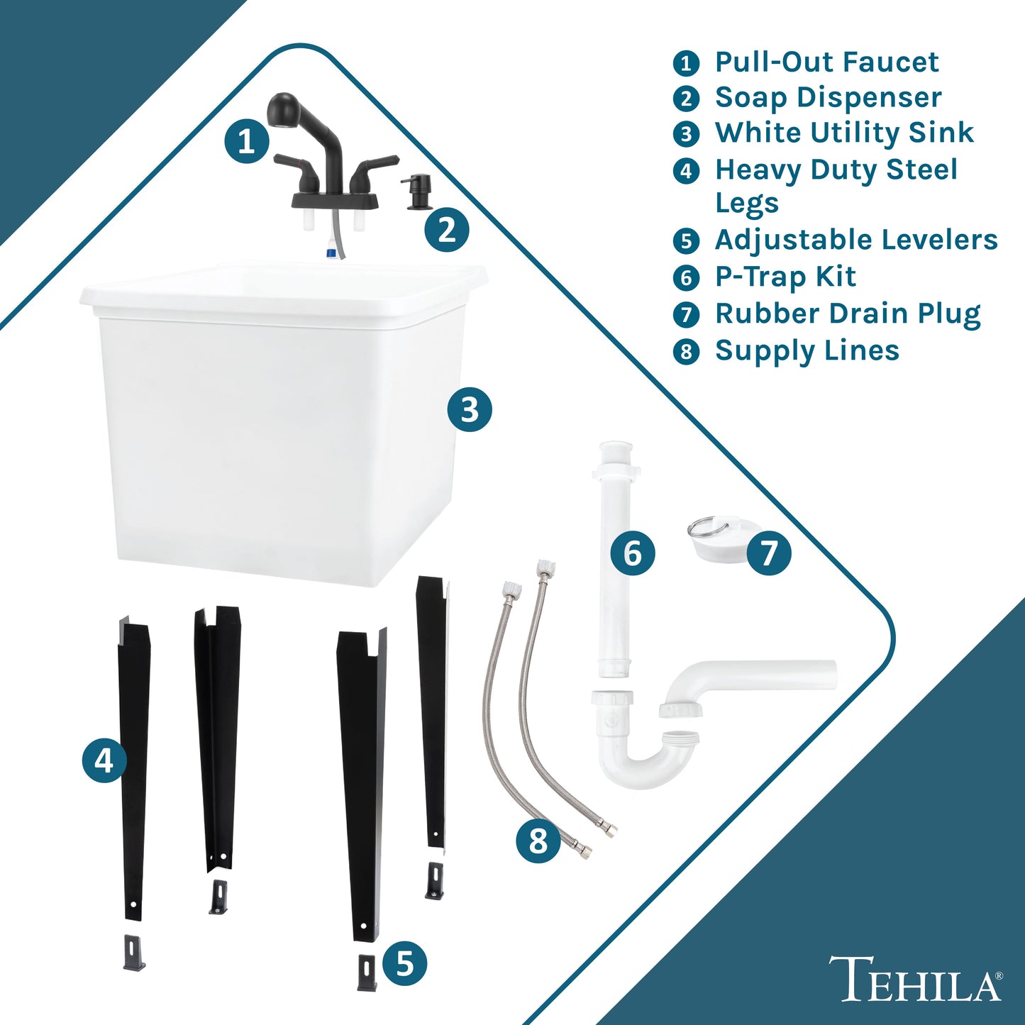 Tehila Space Saver Freestanding White Utility Sink with Black Finish Pull-Out Faucet