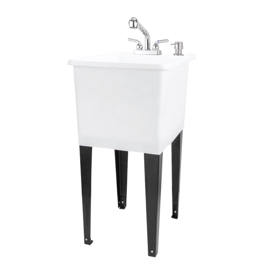 Tehila Space Saver Freestanding White Utility Sink with Chrome Finish Pull-Out Faucet
