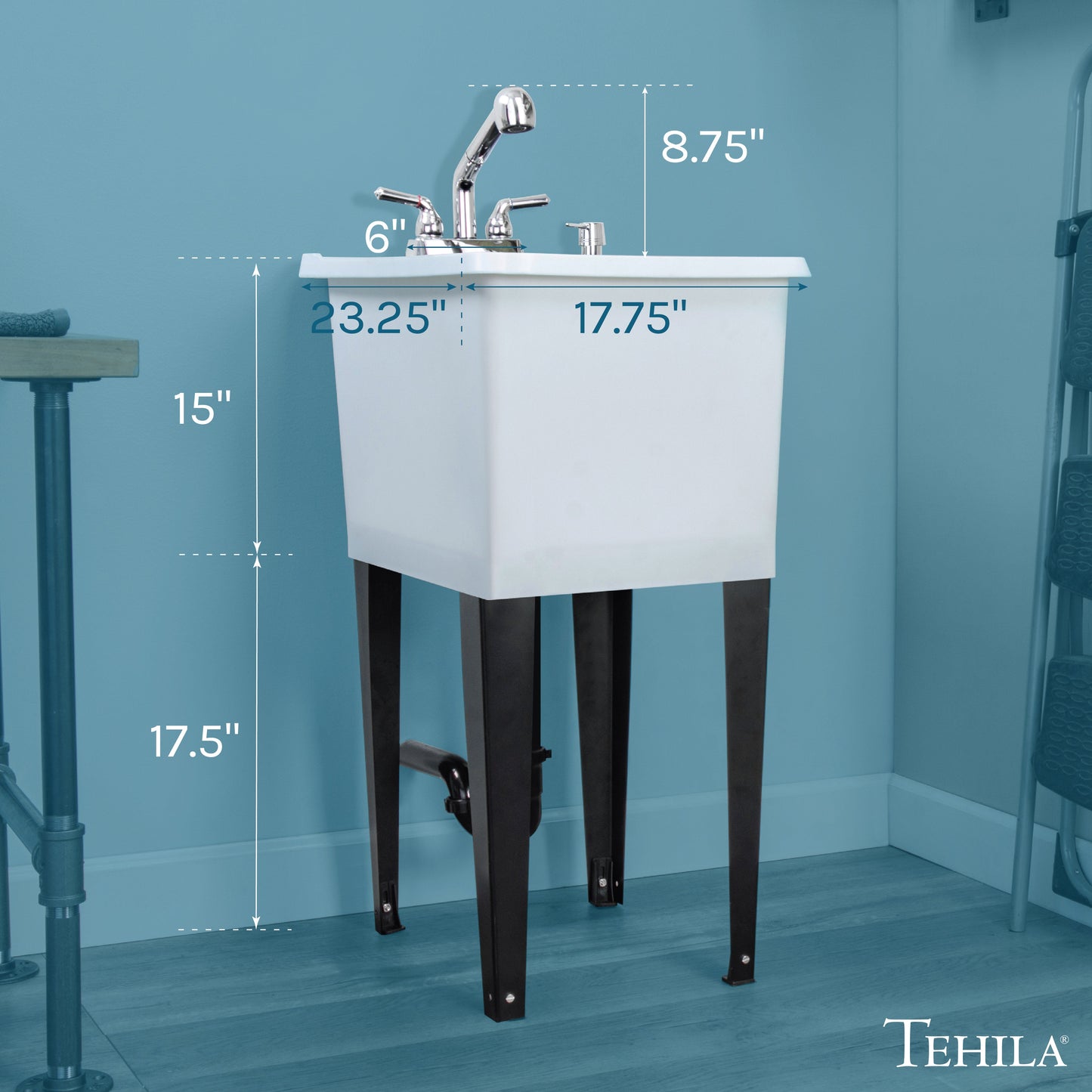 Tehila Space Saver Freestanding White Utility Sink with Chrome Finish Pull-Out Faucet