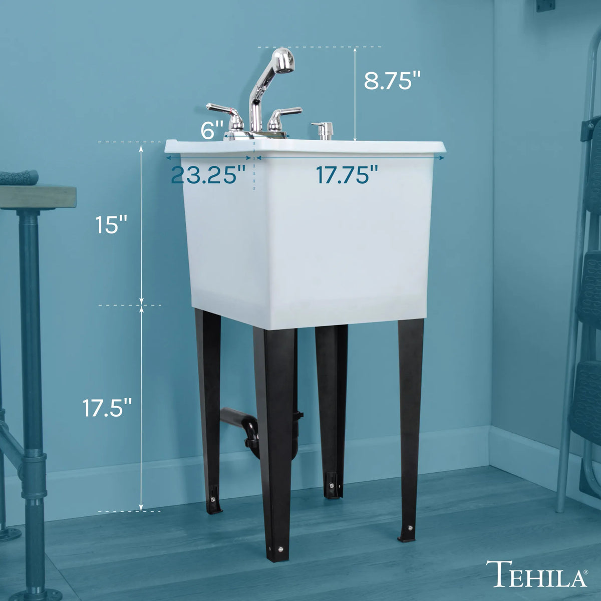 Tehila Space Saver Freestanding White Utility Sink with Chrome Finish Pull-Out Faucet - Hardware + Construction » Plumbing, Hardware + Construction » Plumbing » Utility Sinks, All Products, Products from Utility-Sink.com, 🛠️ Tools + Hardware - Little Red General Store