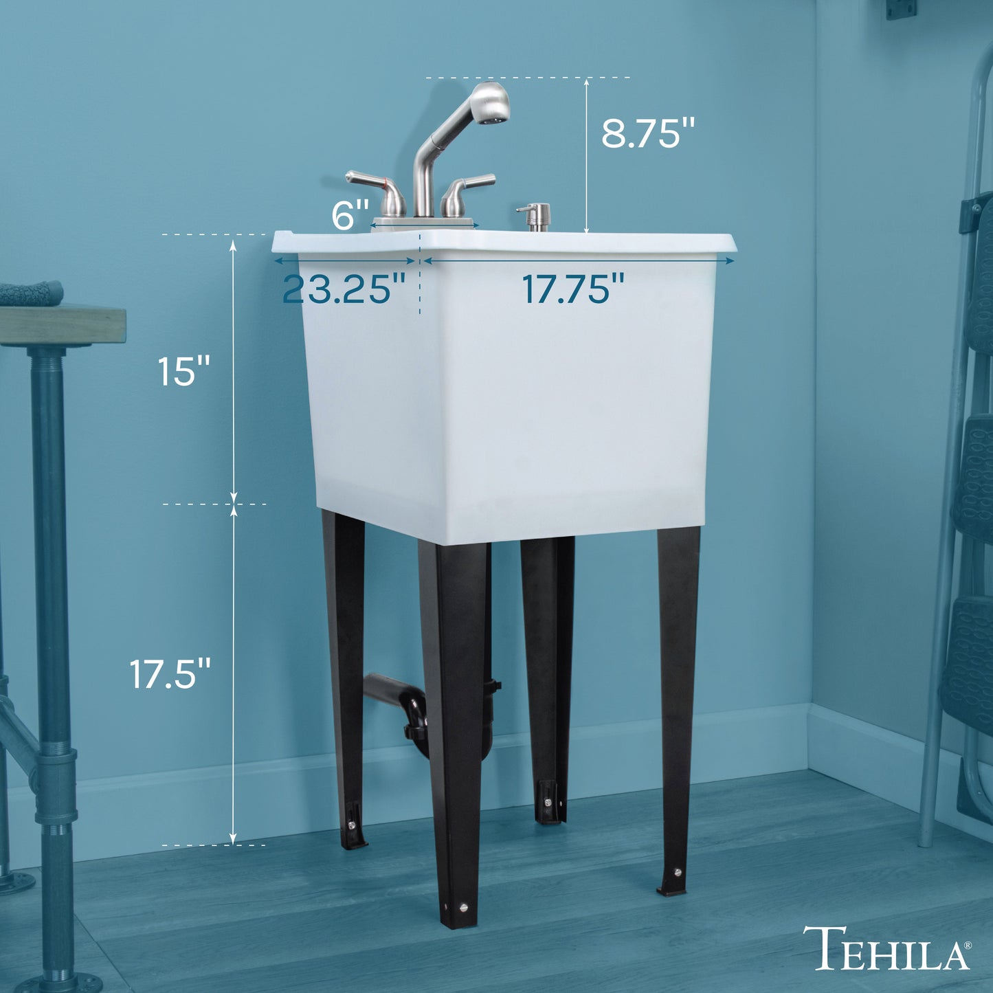 Tehila Space Saver Freestanding White Utility Sink with Stainless Steel Finish Pull-Out Faucet