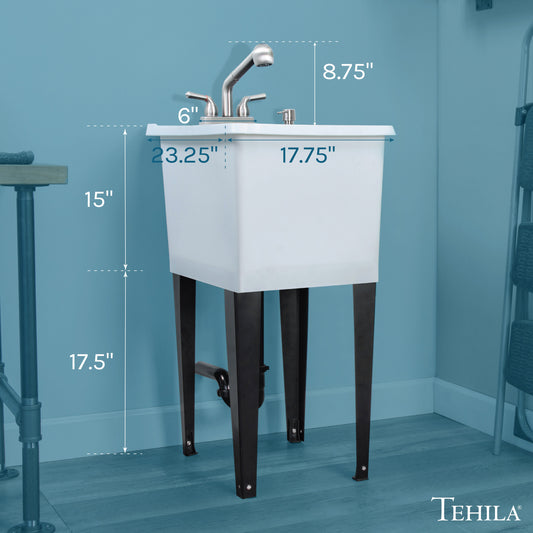 Tehila Space Saver Freestanding White Utility Sink with Stainless Steel Finish Pull-Out Faucet