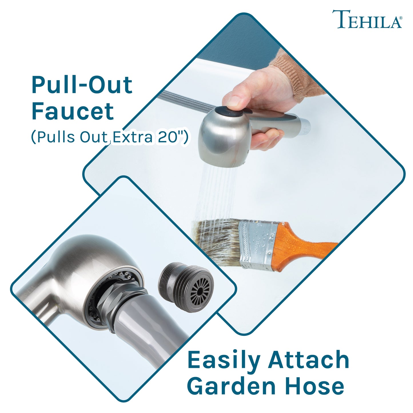 Tehila Space Saver Freestanding White Utility Sink with Stainless Steel Finish Pull-Out Faucet