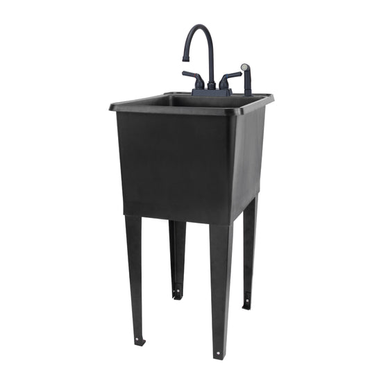 Tehila Space Saver Freestanding Black Utility Sink with Black Finish Gooseneck Faucet and Side Sprayer