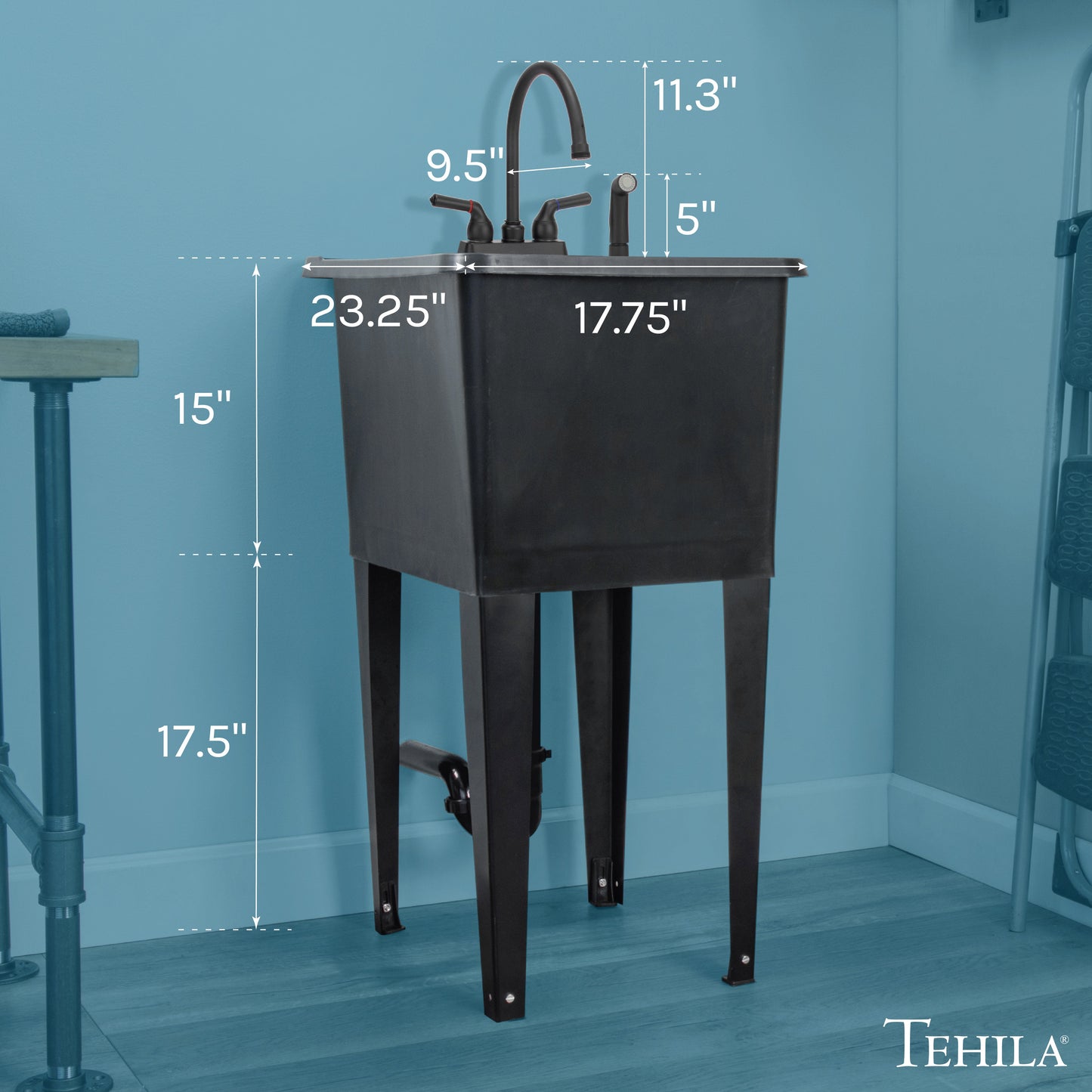 Tehila Space Saver Freestanding Black Utility Sink with Black Finish Gooseneck Faucet and Side Sprayer