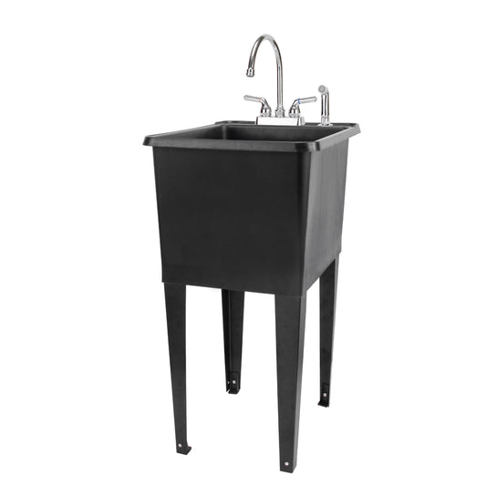 Tehila Space Saver Freestanding Black Utility Sink with Chrome Finish Gooseneck Faucet and Side Sprayer