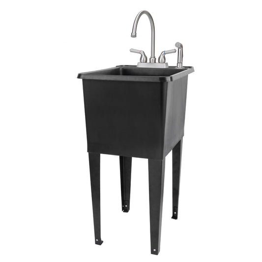 Tehila Space Saver Freestanding Black Utility Sink with Stainless Steel Finish Gooseneck Faucet and Side Sprayer