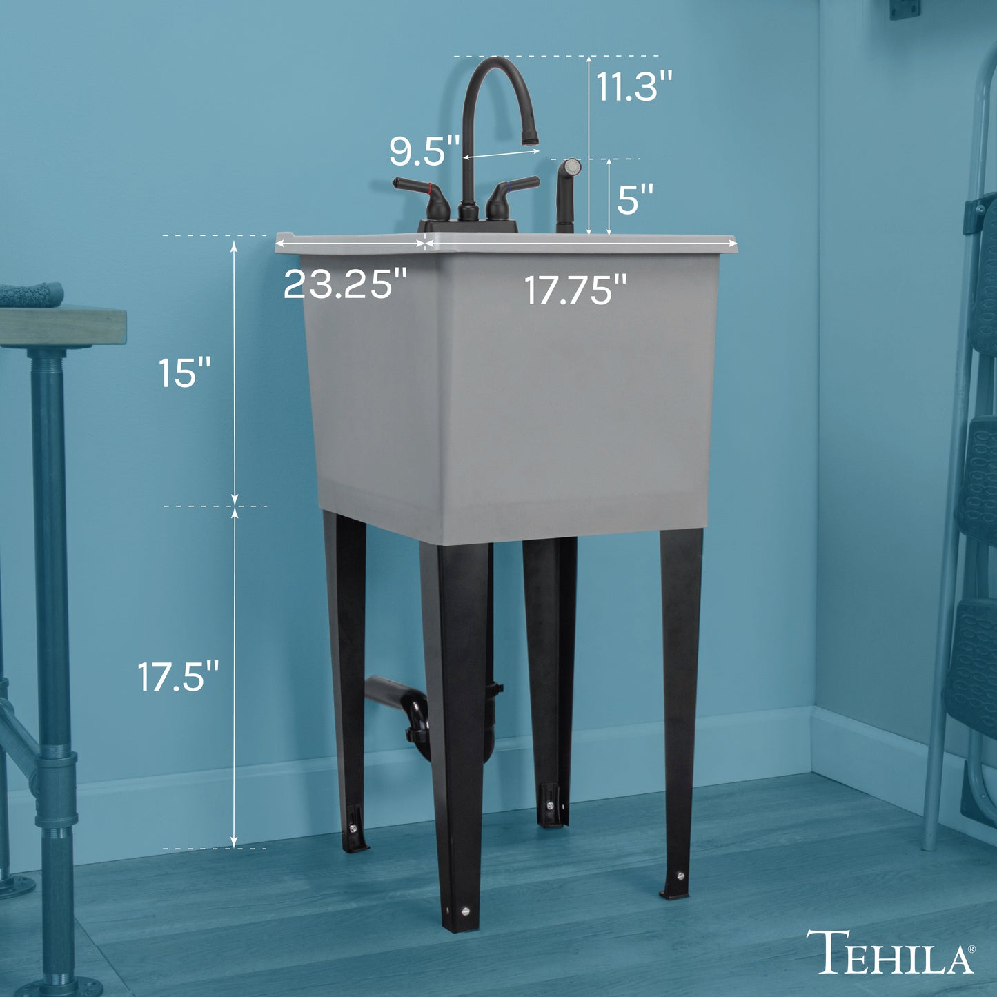 Tehila Space Saver Freestanding Grey Utility Sink with Black Finish Gooseneck Faucet and Side Sprayer