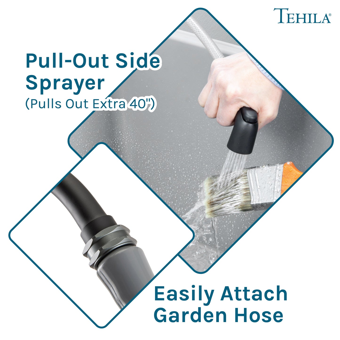 Tehila Space Saver Freestanding Grey Utility Sink with Black Finish Gooseneck Faucet and Side Sprayer