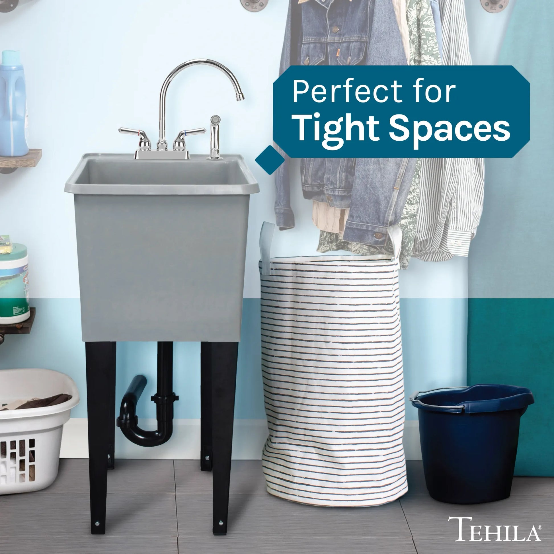 Tehila Space Saver Freestanding Grey Utility Sink with Chrome Finish Gooseneck Faucet and Side Sprayer