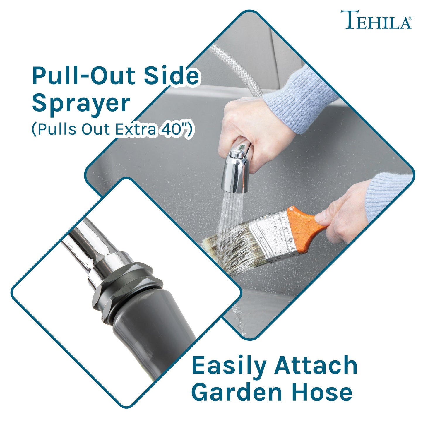 Tehila Space Saver Freestanding Grey Utility Sink with Chrome Finish Gooseneck Faucet and Side Sprayer