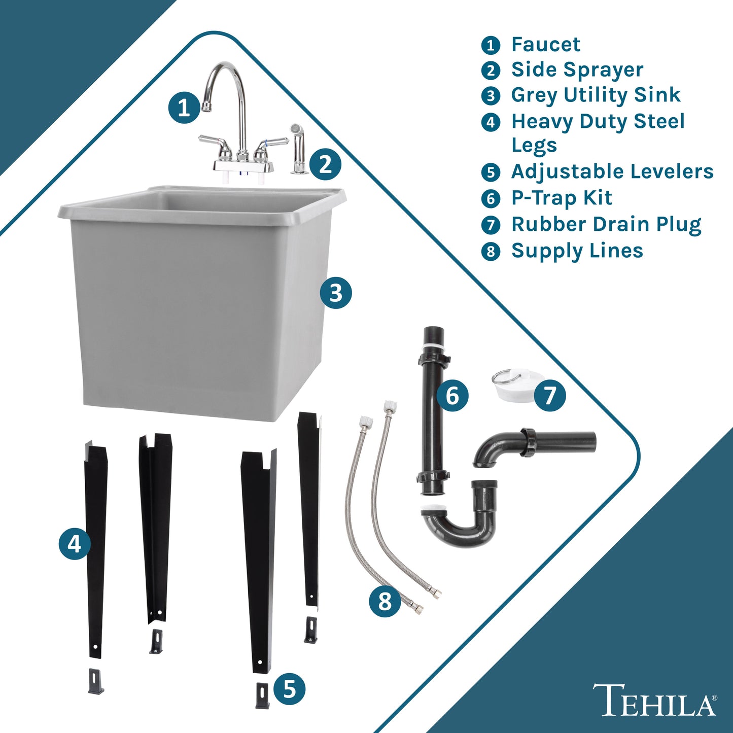 Tehila Space Saver Freestanding Grey Utility Sink with Chrome Finish Gooseneck Faucet and Side Sprayer