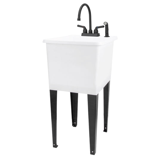 Tehila Space Saver Freestanding White Utility Sink with Black Finish Gooseneck Faucet and Side Sprayer