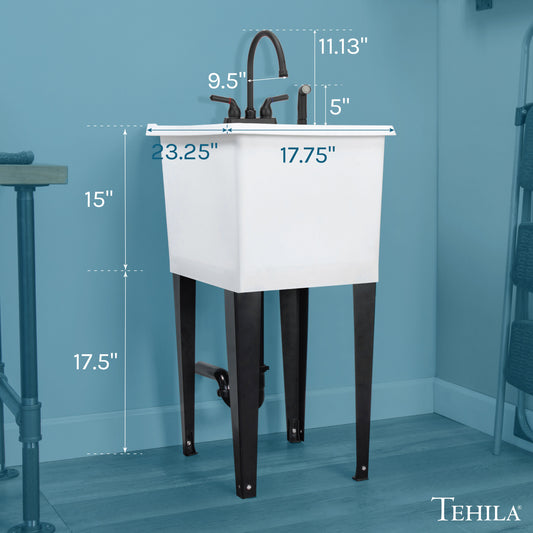 Tehila Space Saver Freestanding White Utility Sink with Black Finish Gooseneck Faucet and Side Sprayer