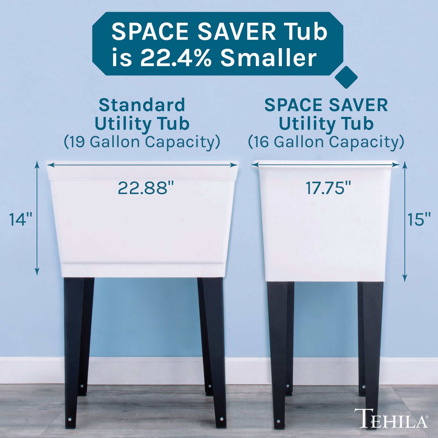 Tehila Space Saver Freestanding White Utility Sink with Black Finish Gooseneck Faucet and Side Sprayer