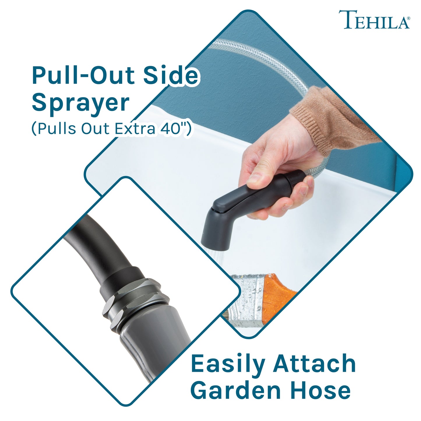 Tehila Space Saver Freestanding White Utility Sink with Black Finish Gooseneck Faucet and Side Sprayer