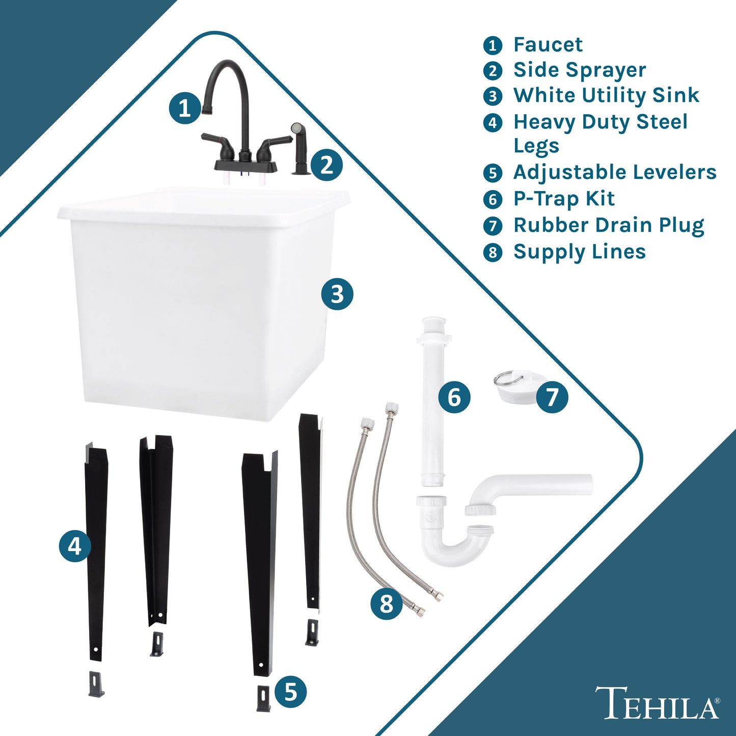 Tehila Space Saver Freestanding White Utility Sink with Black Finish Gooseneck Faucet and Side Sprayer