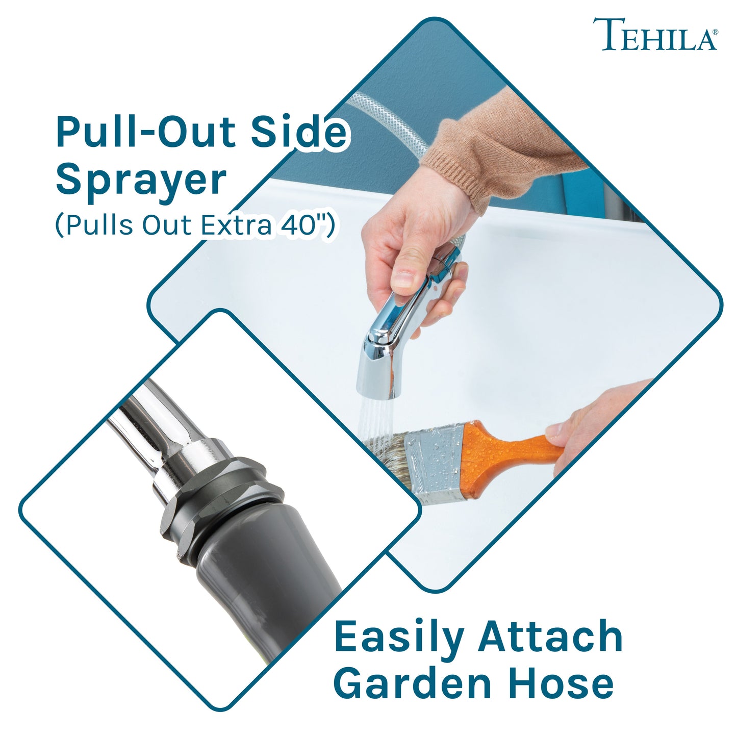 Tehila Space Saver Freestanding White Utility Sink with Chrome Finish Gooseneck Faucet and Side Sprayer