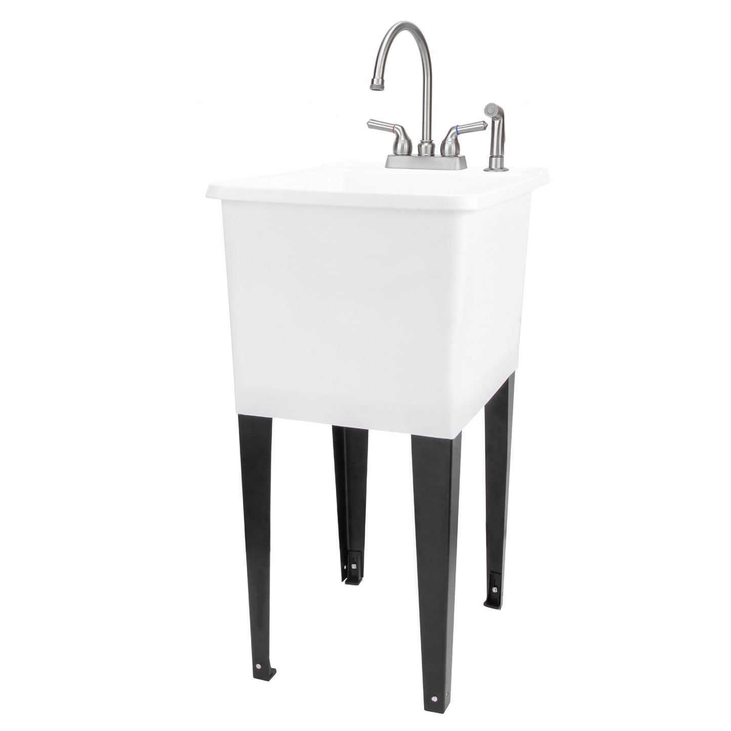 Tehila Space Saver Freestanding White Utility Sink with Stainless Steel Finish Gooseneck Faucet and Side Sprayer