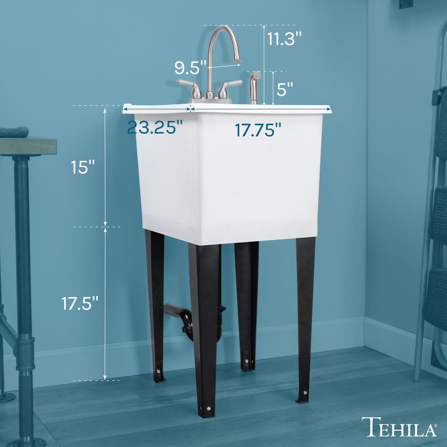 Tehila Space Saver Freestanding White Utility Sink with Stainless Steel Finish Gooseneck Faucet and Side Sprayer