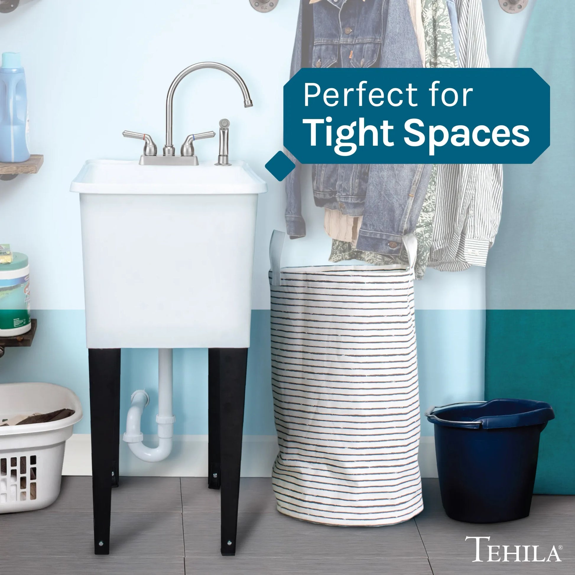 Tehila Space Saver Freestanding White Utility Sink with Stainless Steel Finish Gooseneck Faucet and Side Sprayer