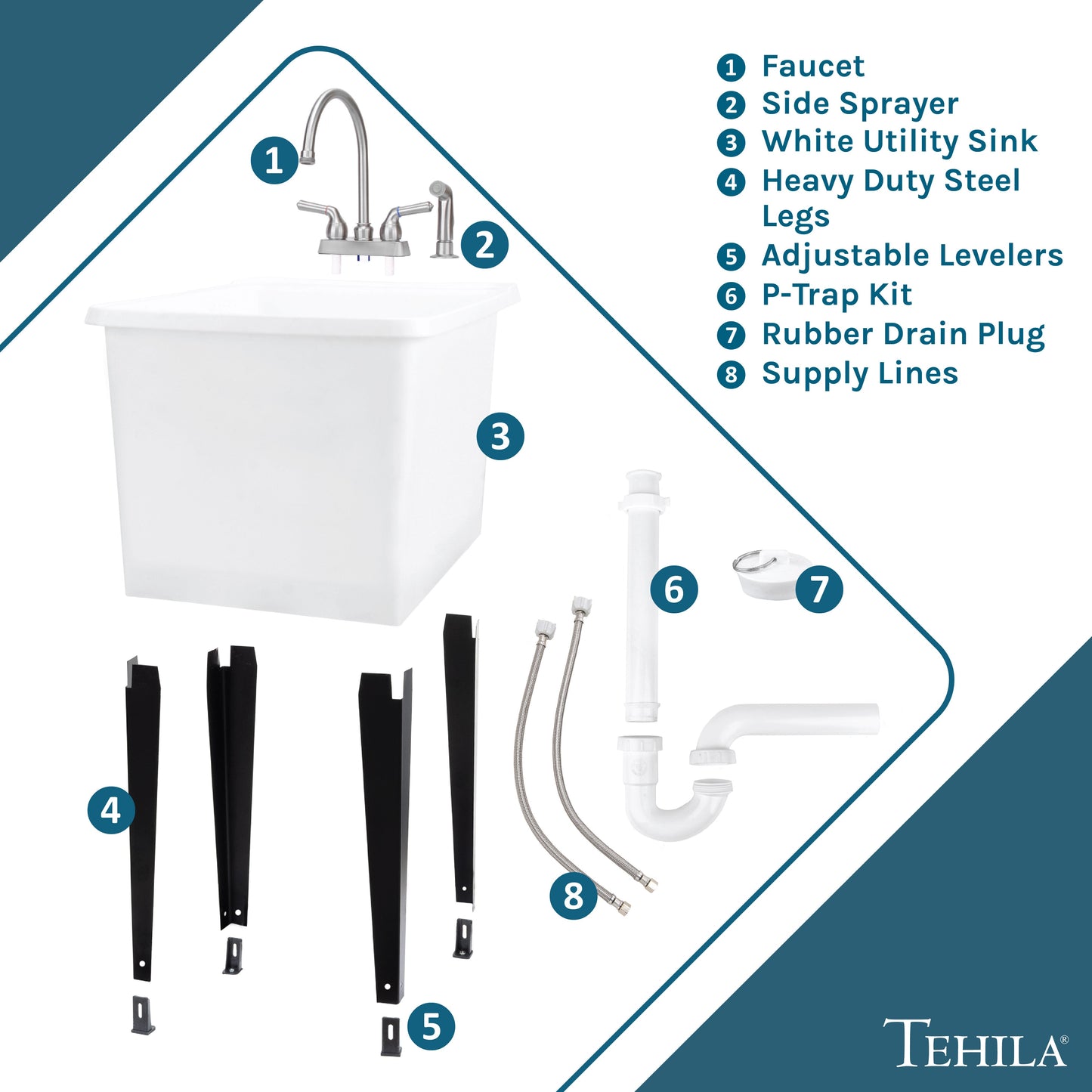 Tehila Space Saver Freestanding White Utility Sink with Stainless Steel Finish Gooseneck Faucet and Side Sprayer