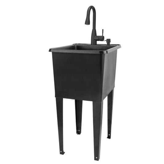 Tehila Space Saver Freestanding Black Utility Sink with Black Finish Low-Profile Pull-Down Faucet