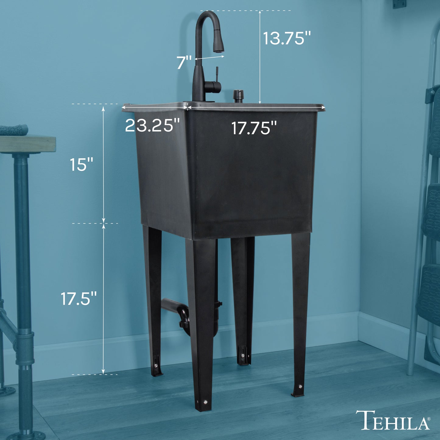 Tehila Space Saver Freestanding Black Utility Sink with Black Finish Low-Profile Pull-Down Faucet