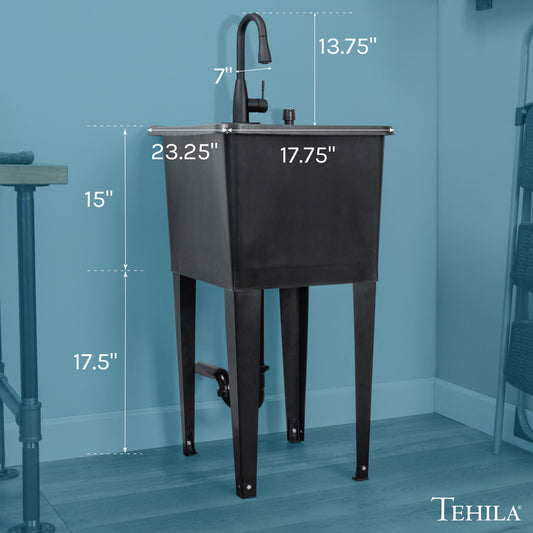 Tehila Space Saver Freestanding Black Utility Sink with Black Finish Low-Profile Pull-Down Faucet