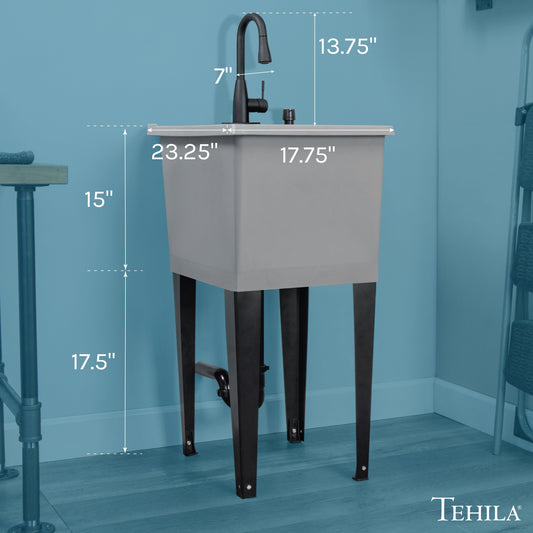 Tehila Space Saver Freestanding Grey Utility Sink with Black Finish Low-Profile Pull-Down Faucet