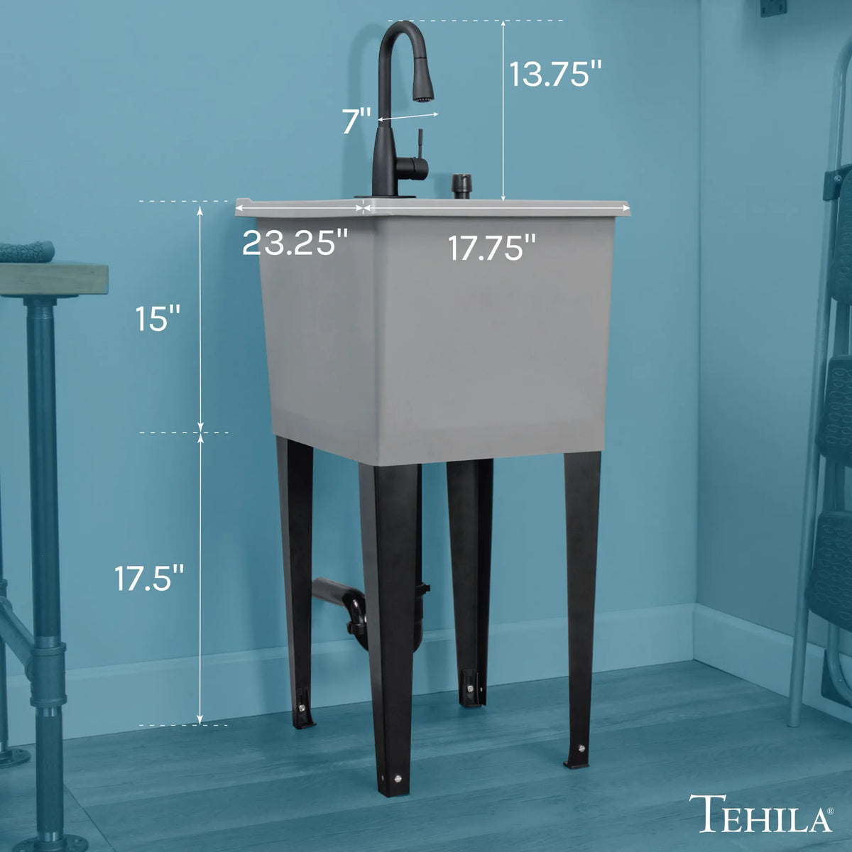 Tehila Space Saver Freestanding Grey Utility Sink with Black Finish Low-Profile Pull-Down Faucet - Hardware + Construction » Plumbing, Hardware + Construction » Plumbing » Utility Sinks, All Products, Products from Utility-Sink.com, 🛠️ Tools + Hardware - Little Red General Store