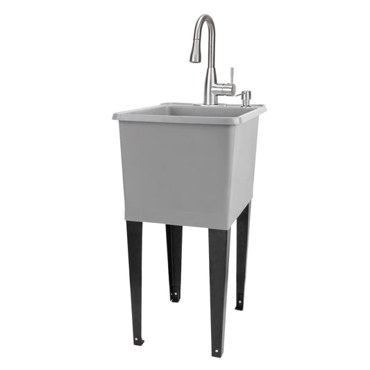 Tehila Space Saver Freestanding Grey Utility Sink with Stainless Steel Finish Low-Profile Pull-Down Faucet