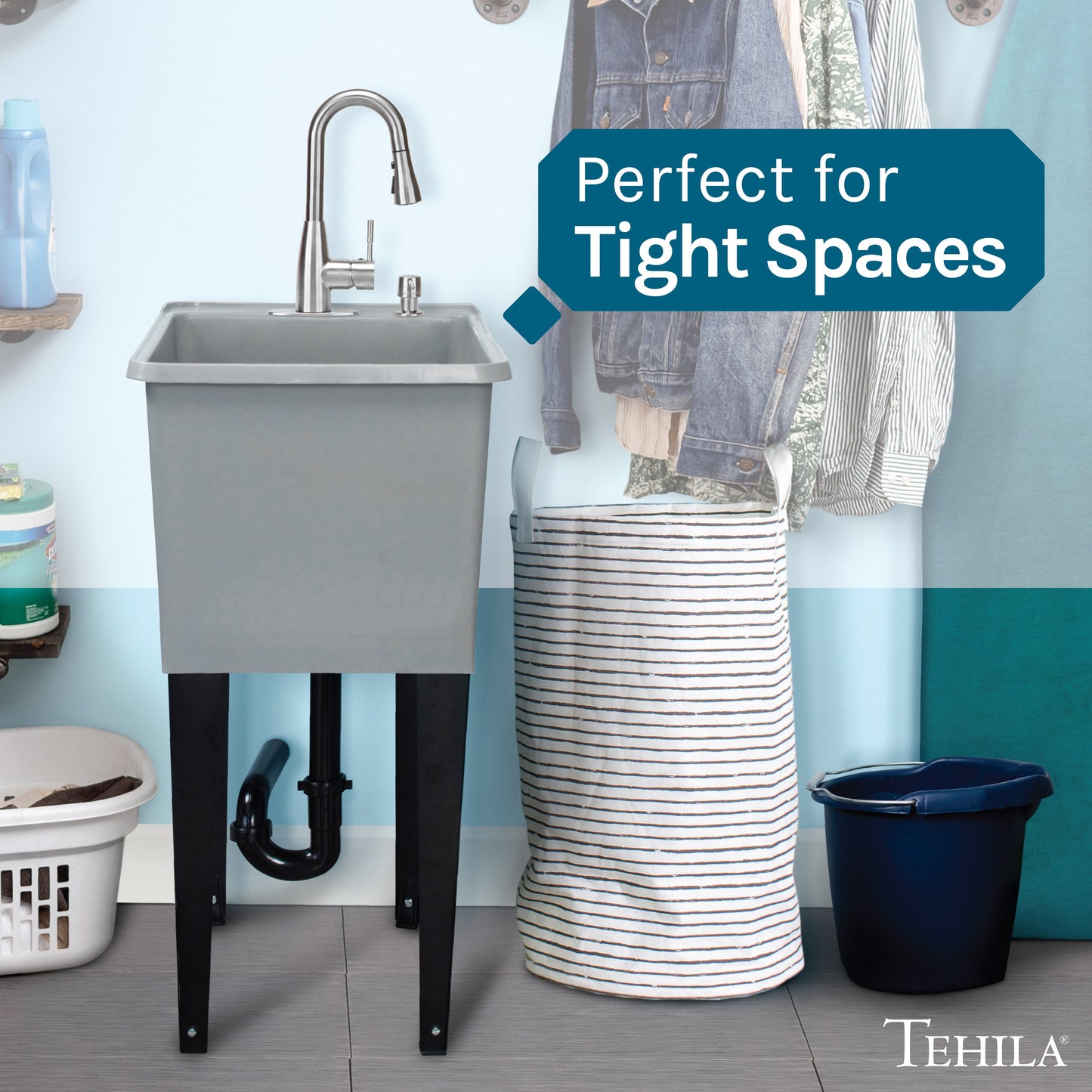 Tehila Space Saver Freestanding Grey Utility Sink with Stainless Steel Finish Low-Profile Pull-Down Faucet