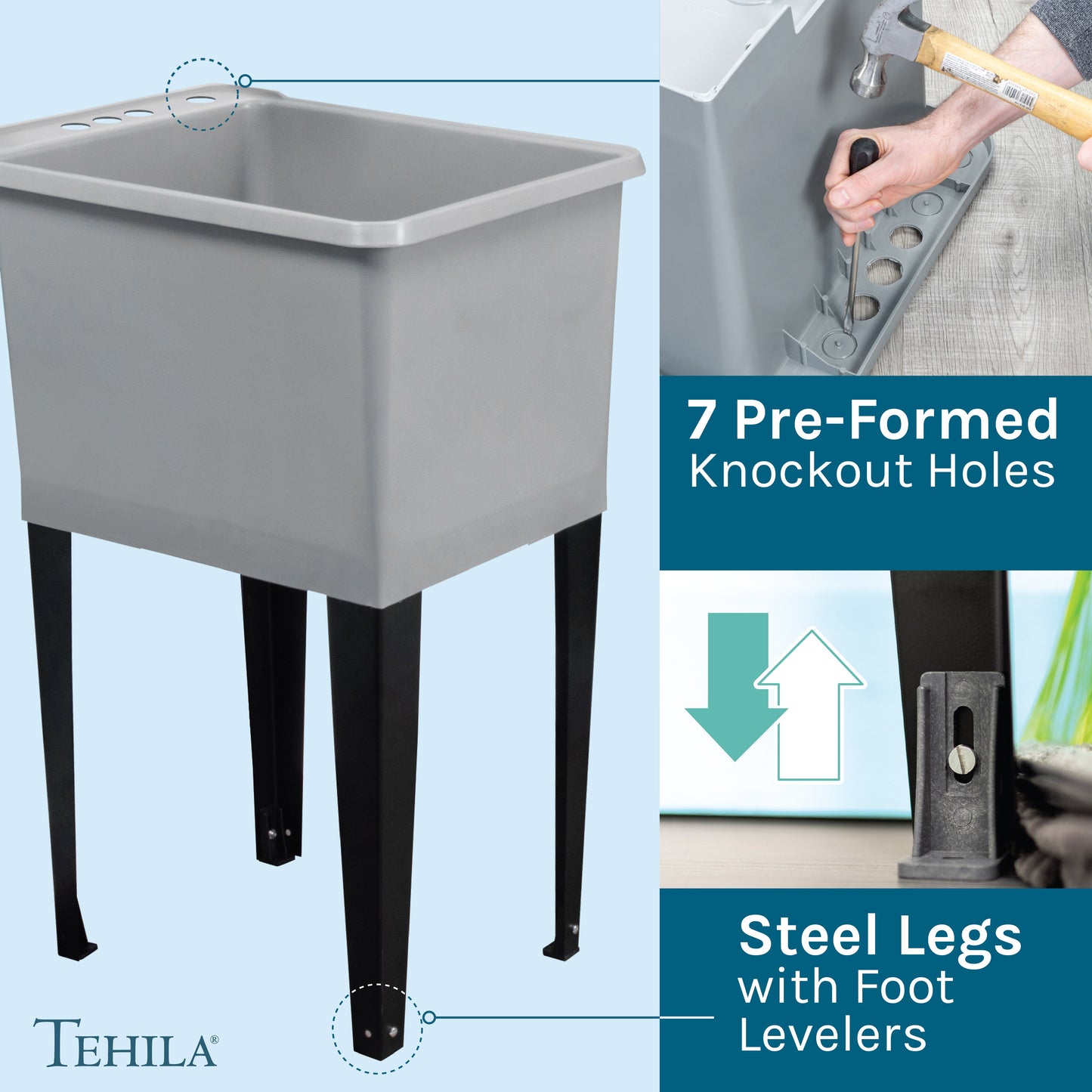 Tehila Space Saver Freestanding Grey Utility Sink with Stainless Steel Finish Low-Profile Pull-Down Faucet