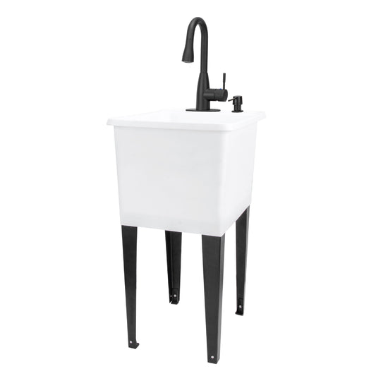 Tehila Space Saver Freestanding White Utility Sink with Black Finish Low-Profile Pull-Down Faucet
