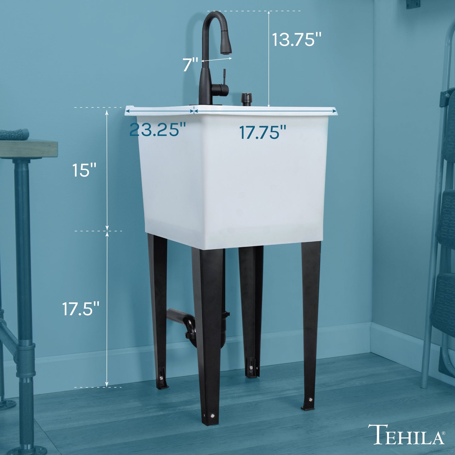 Tehila Space Saver Freestanding White Utility Sink with Black Finish Low-Profile Pull-Down Faucet