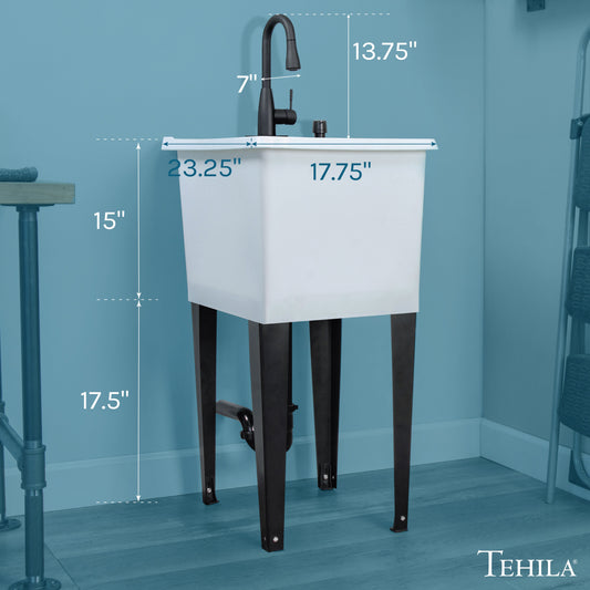 Tehila Space Saver Freestanding White Utility Sink with Black Finish Low-Profile Pull-Down Faucet