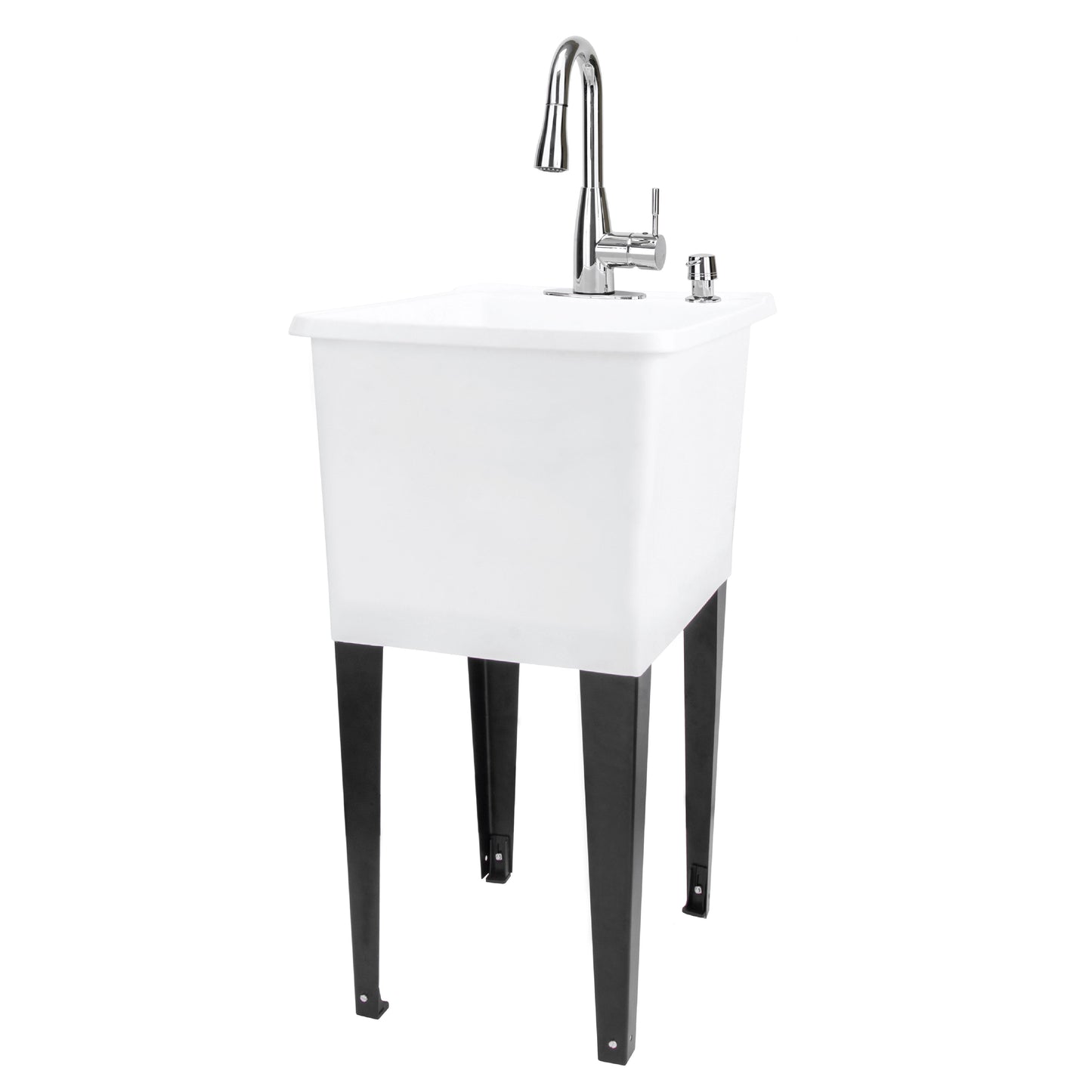 Tehila Space Saver Freestanding White Utility Sink with Chrome Finish Low-Profile Pull-Down Faucet
