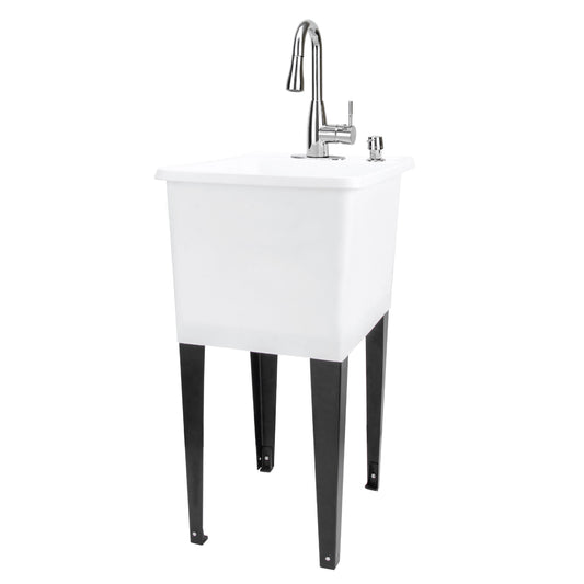 Tehila Space Saver Freestanding White Utility Sink with Chrome Finish Low-Profile Pull-Down Faucet