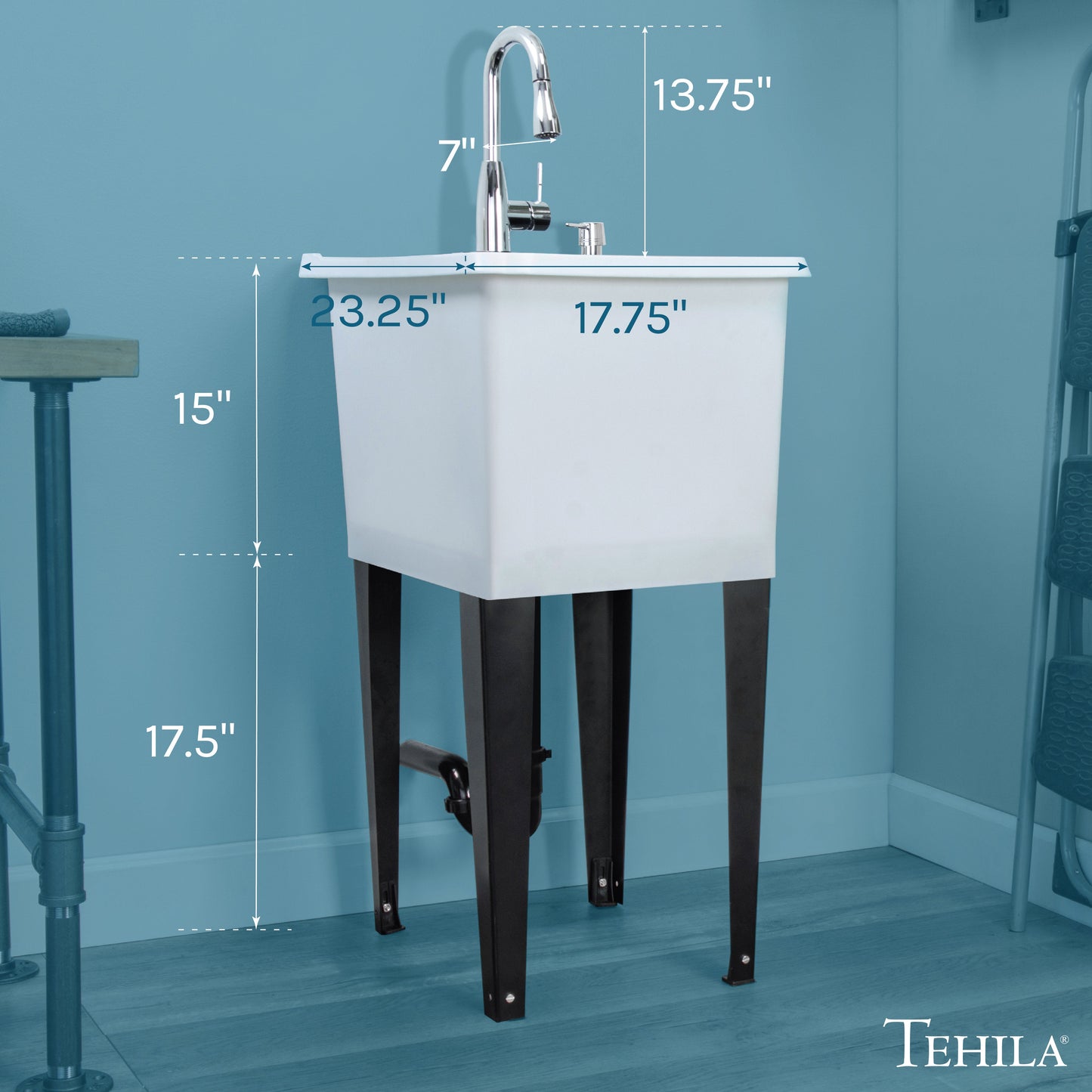 Tehila Space Saver Freestanding White Utility Sink with Chrome Finish Low-Profile Pull-Down Faucet