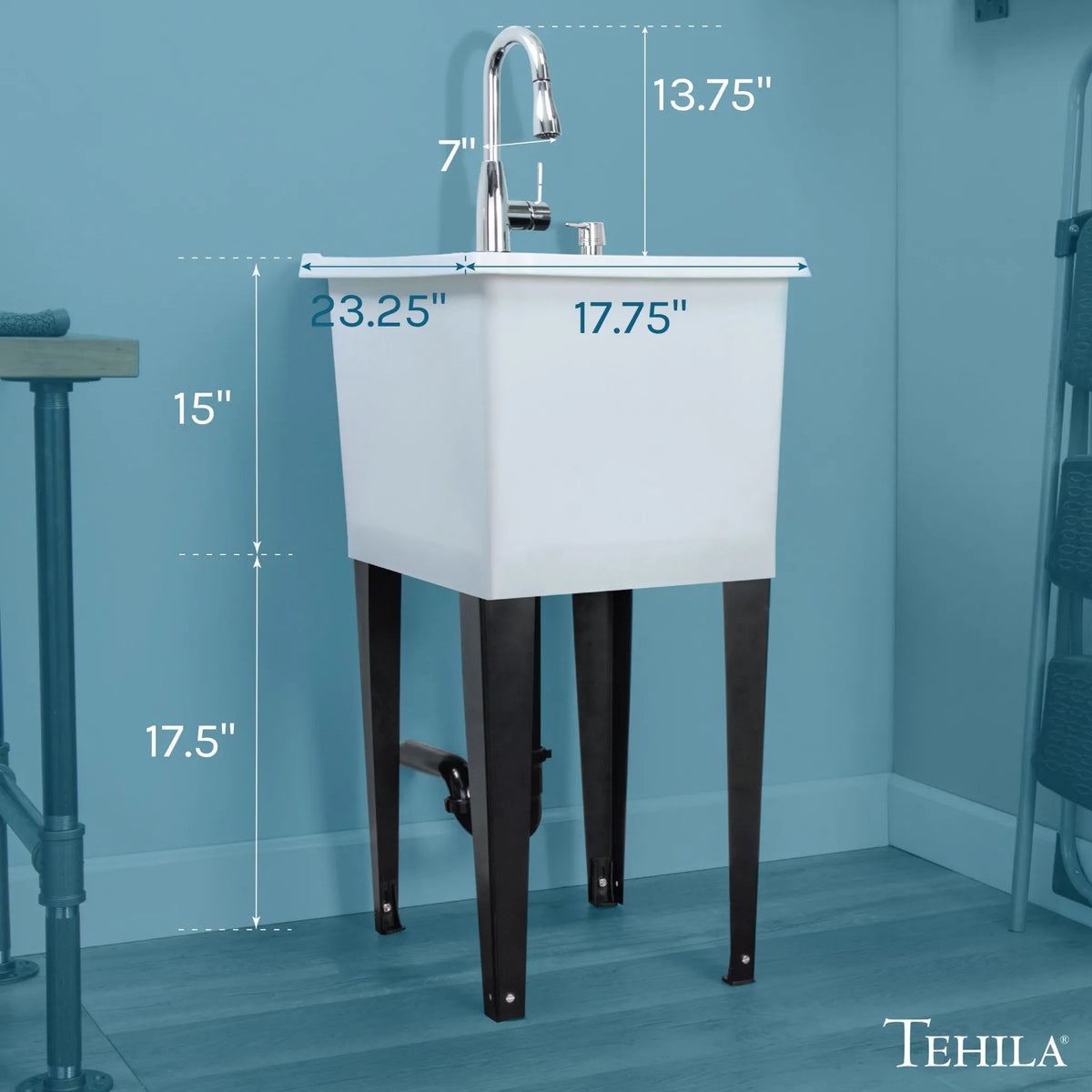Tehila Space Saver Freestanding White Utility Sink with Chrome Finish Low-Profile Pull-Down Faucet - Hardware + Construction » Plumbing, Hardware + Construction » Plumbing » Utility Sinks, All Products, Products from Utility-Sink.com, 🛠️ Tools + Hardware - Little Red General Store
