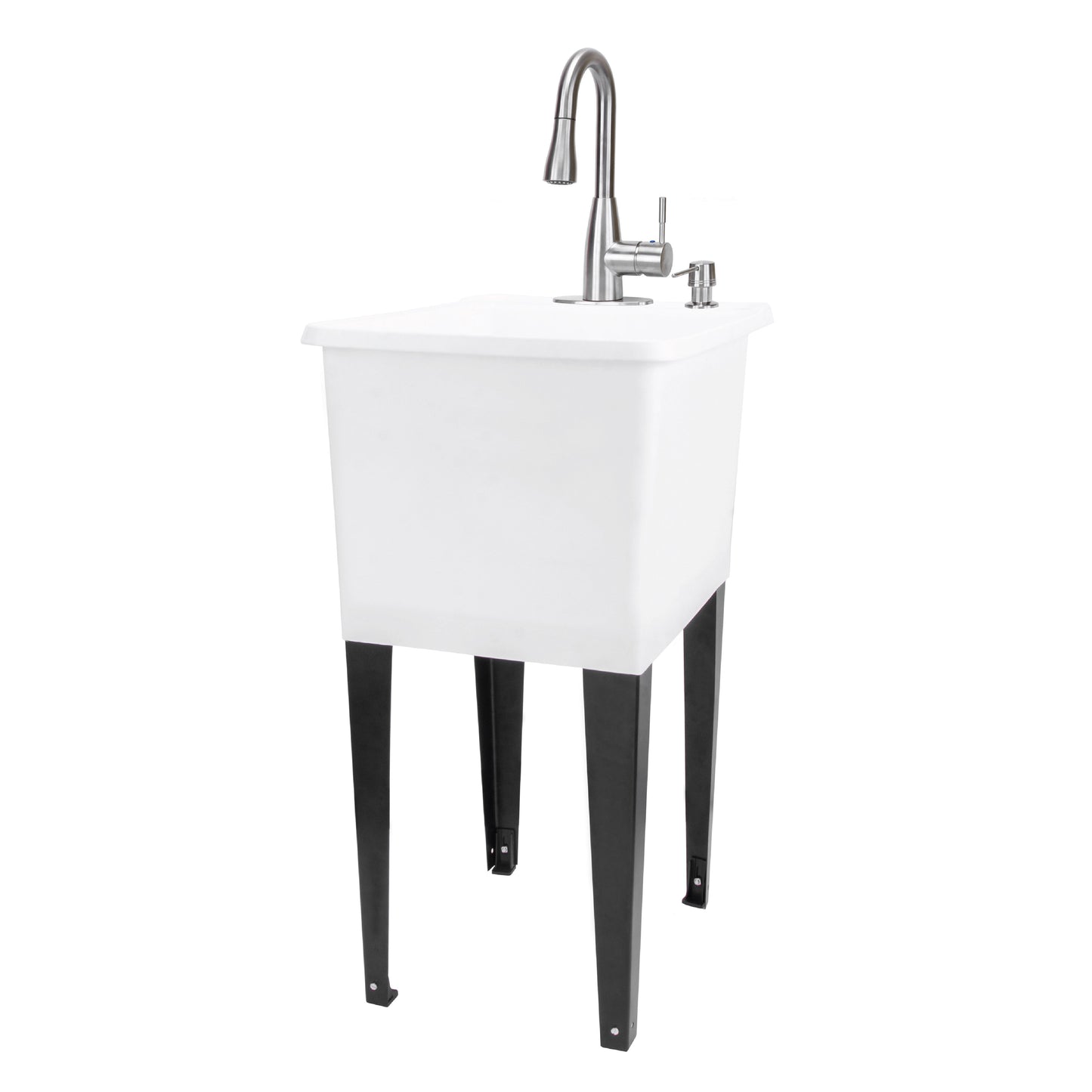 Tehila Space Saver Freestanding White Utility Sink with Stainless Steel Finish Low-Profile Pull-Down Faucet