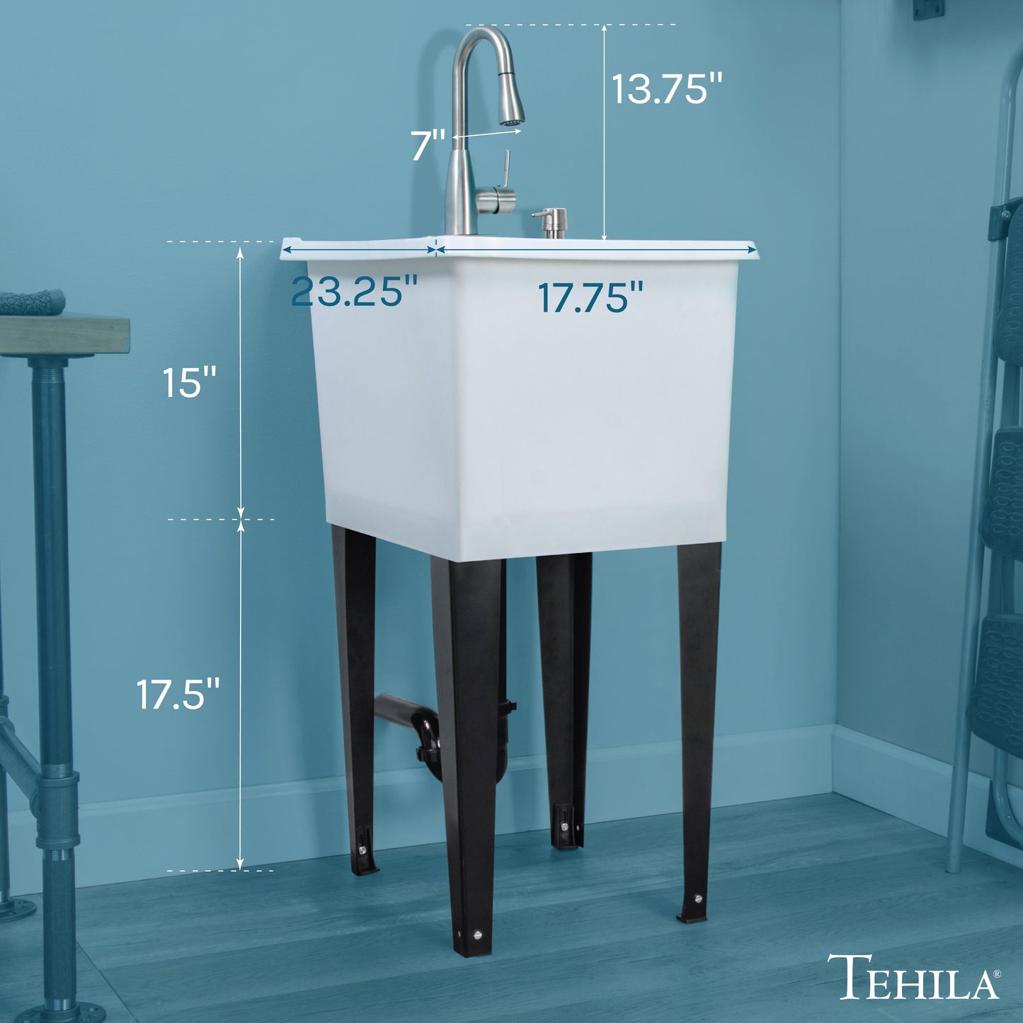 Tehila Space Saver Freestanding White Utility Sink with Stainless Steel Finish Low-Profile Pull-Down Faucet